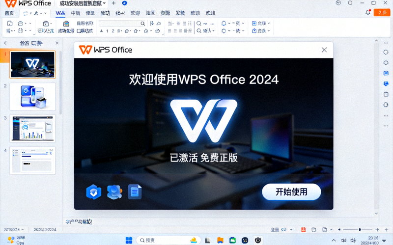 成功安装后首次启动WPS Office的界面截图，显示欢迎画面和已激活的免费正版状态