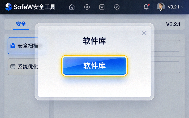 SafeW安全工具主界面截图，高亮显示位于中央的软件库入口按钮