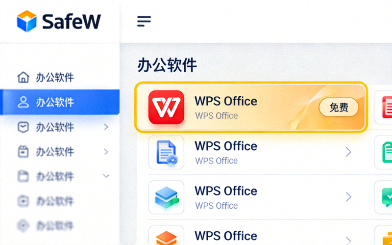 SafeW软件库界面截图，办公软件分类下WPS Office条目被突出显示，展示其图标和免费标签