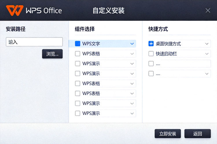 WPS Office自定义安装选项界面截图，展示安装路径选择、组件勾选和快捷方式设置